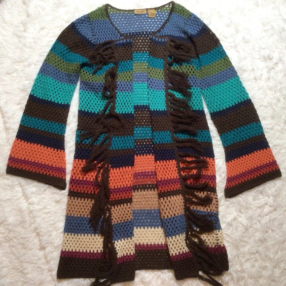 Crochet Fringe Duster Open Long Cardigan Boho Festival Hippie Rainbow Core Med - Picture 1 of 9